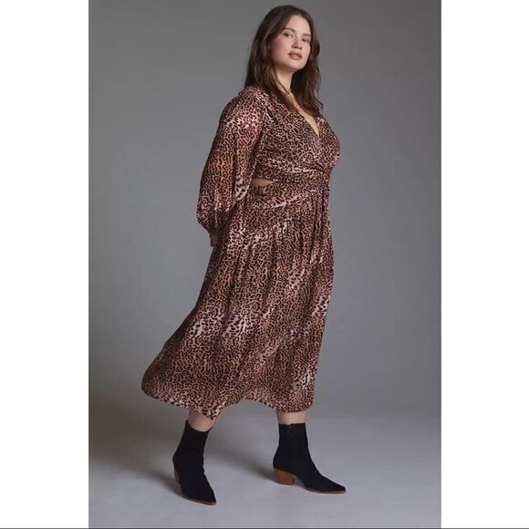 NEW Anthropologie Rana Gill Leopard Floral Animal Print Cut-Out Dress Plus 1X - Picture 1 of 6